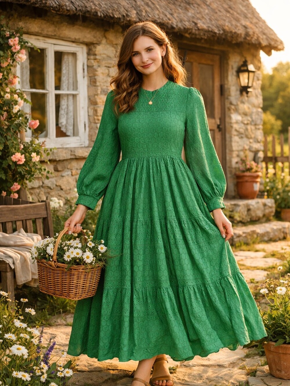 SHEIN Emerald Green Cotton Eyelet Maxi Dress Long Sleeve
